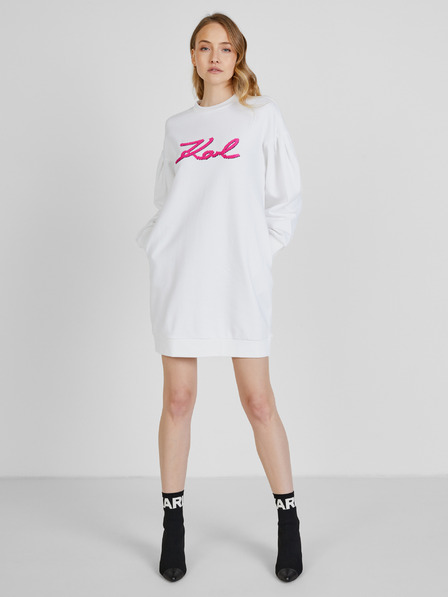 Karl Lagerfeld Weißes Damen-Sweatshirt-Kleid mit Ballonärmeln KARL LAGERFELD